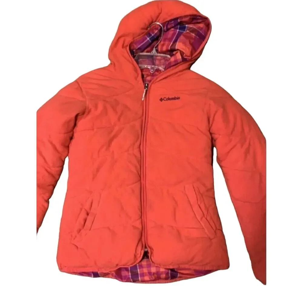 Columbia Girls Reversible Hooded Puffer Jacket Red Plaid Girl’s Large 14/16 Coat